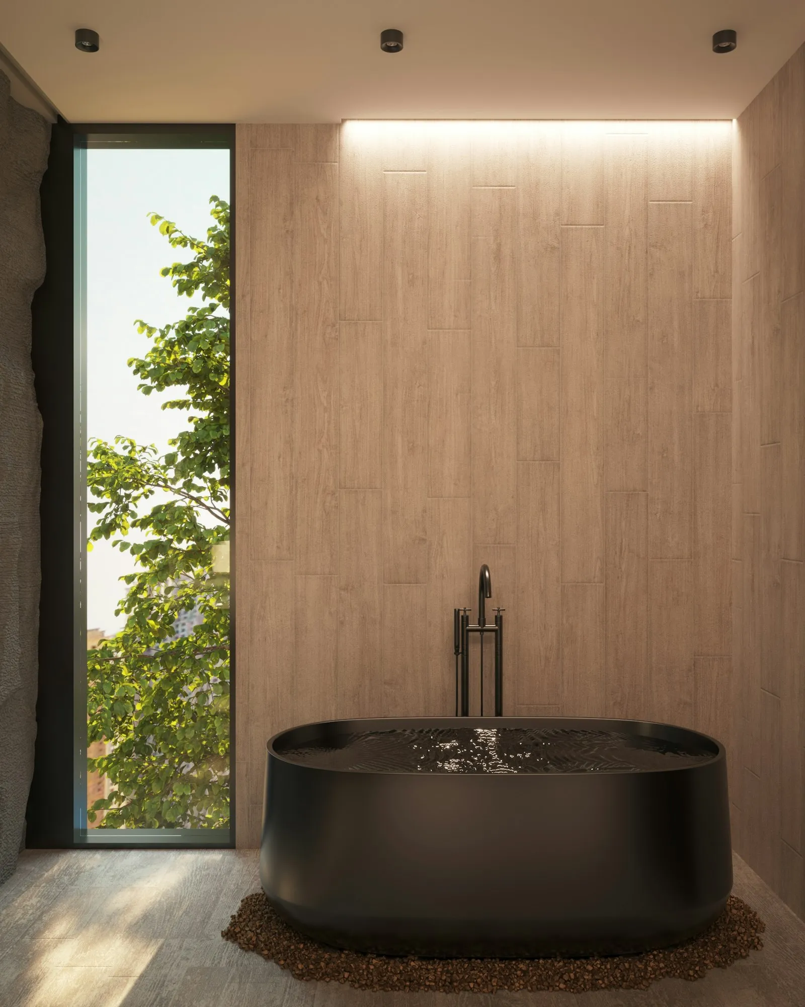 Kamar mandi modern minimalis dengan dinding gelap, bathtub freestanding putih, dan pencahayaan tersembunyi