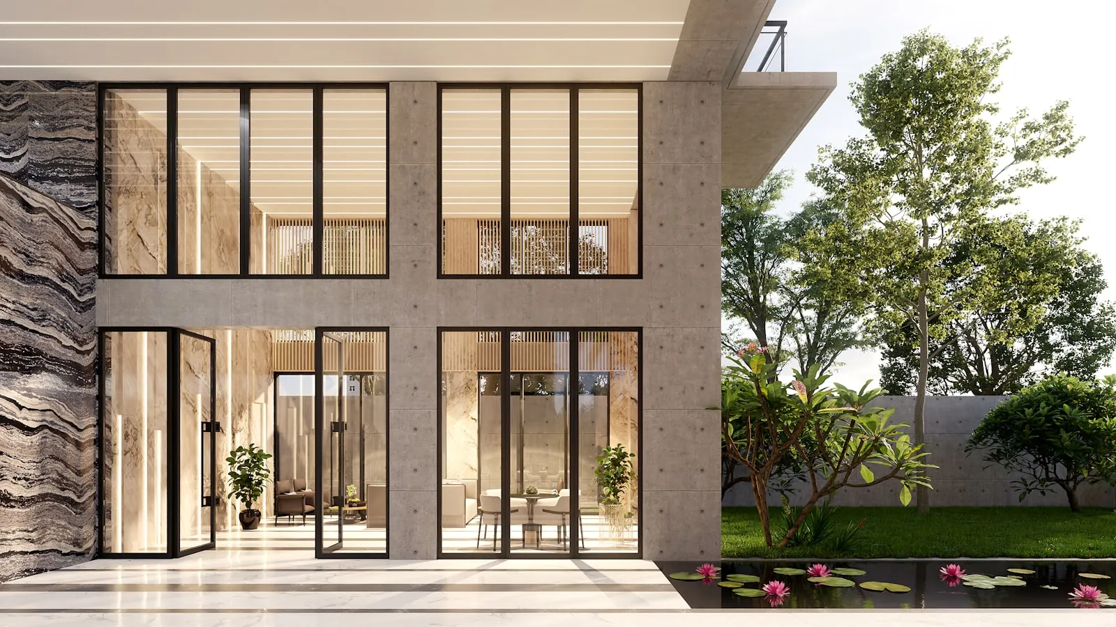 Fasad rumah modern dengan aksen kayu dan dinding putih, atap terlihat rapi di bawah langit cerah